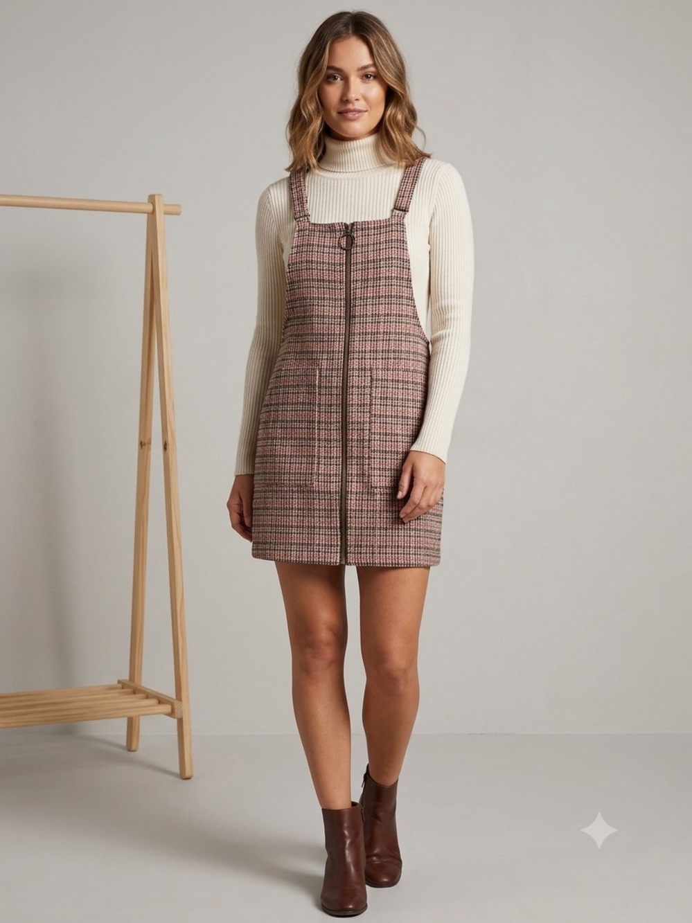 allison & kelly Plaid Pinafore Dress in Beige, Tan, Red, and Black, Size Large